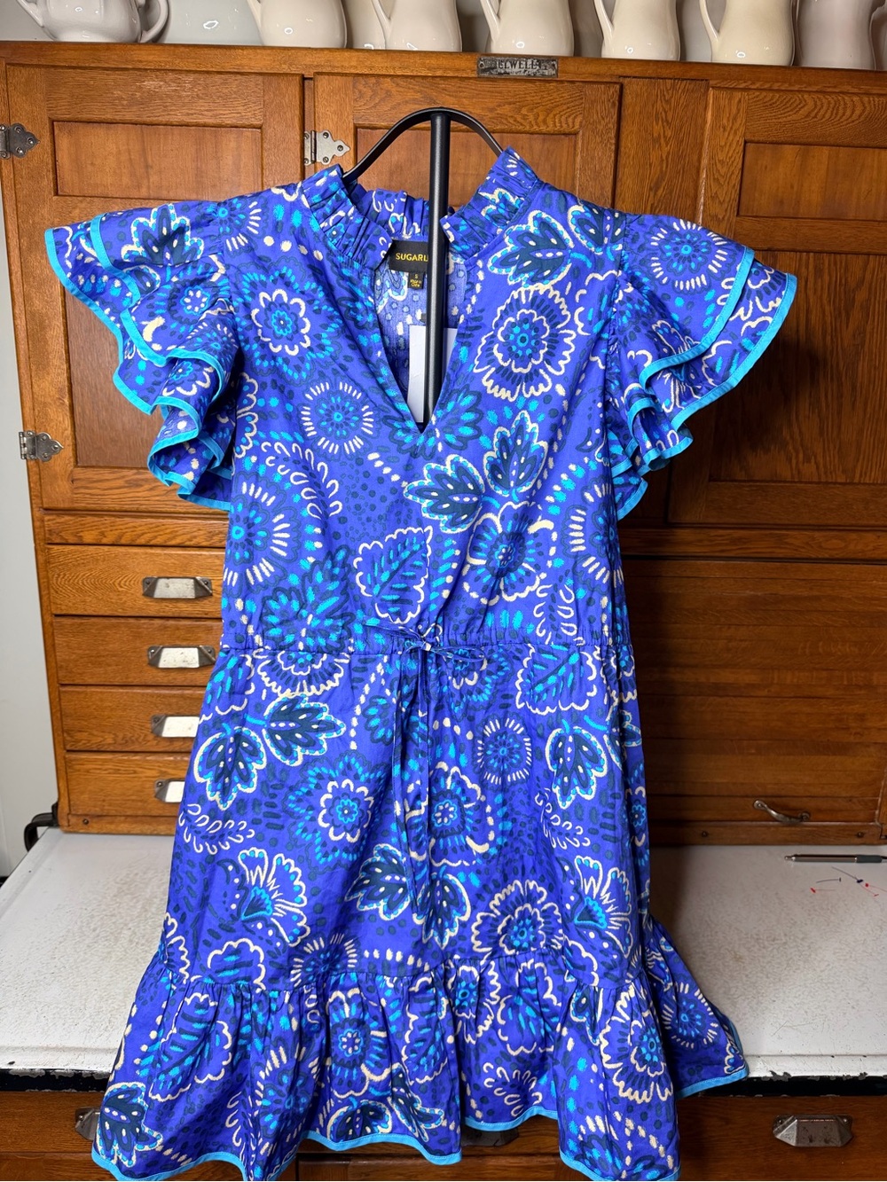 Sugarlips Blue Floral Ruffle Sleeve Dress NWT